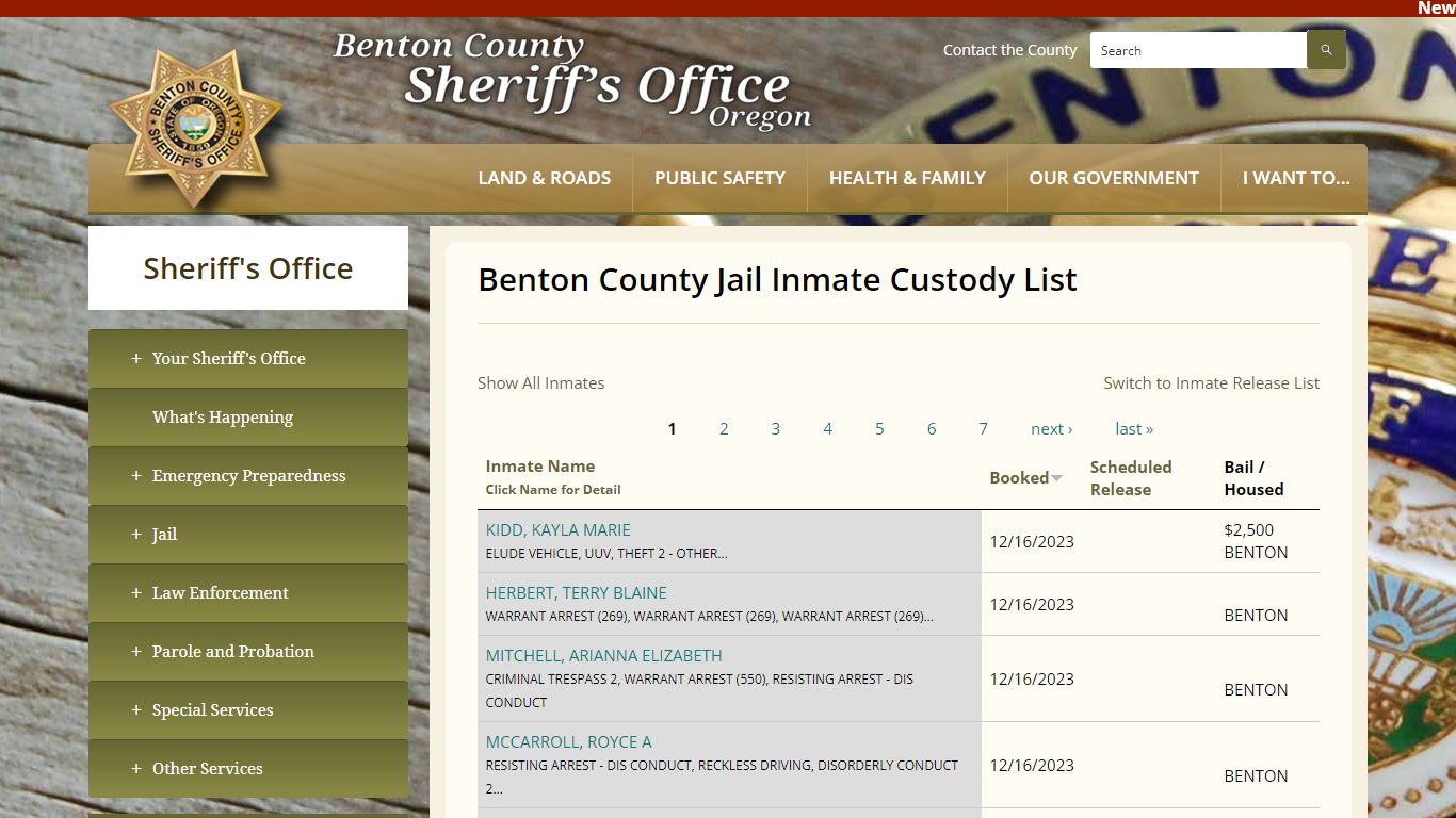 Benton County Jail Inmate Custody List